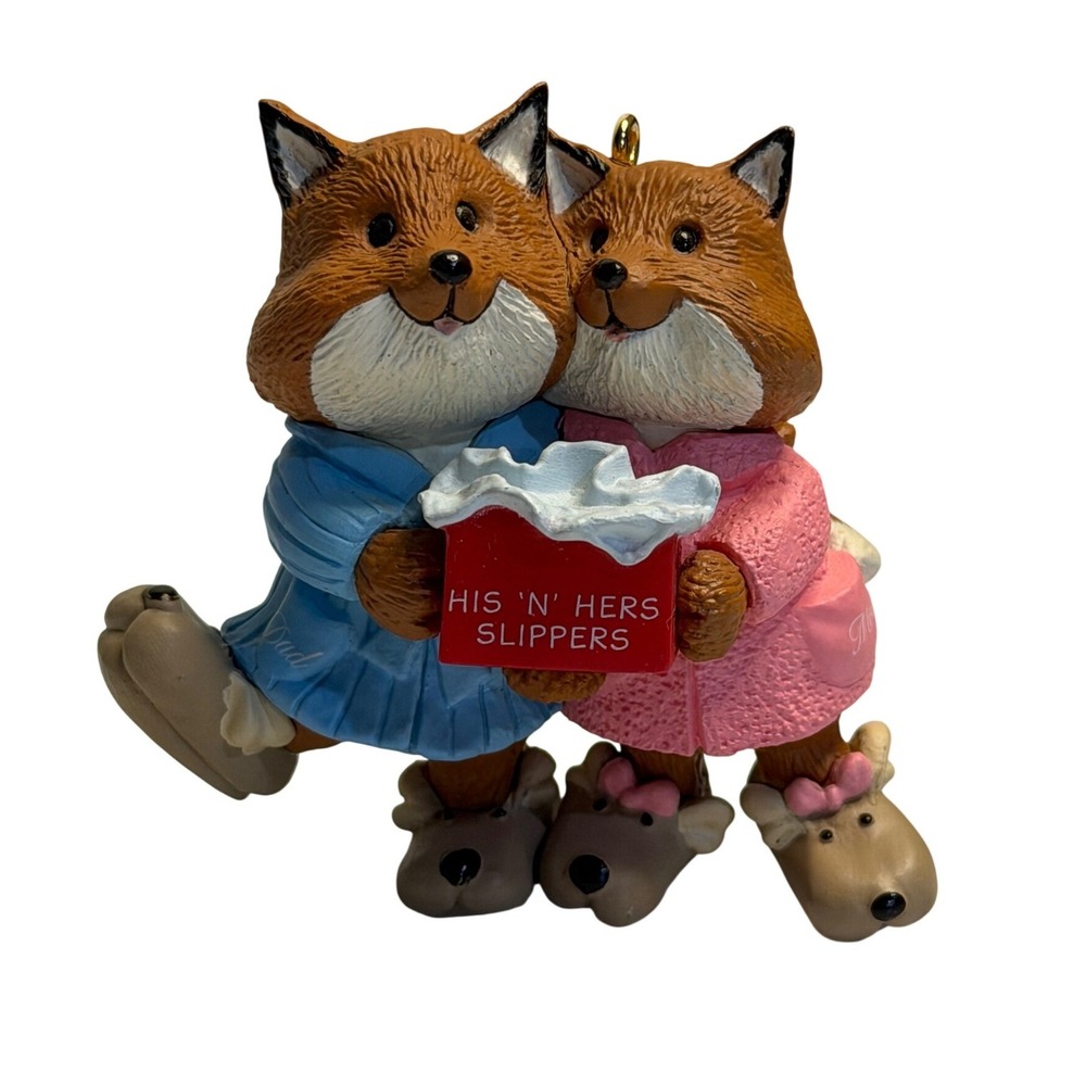 VTG Hallmark Keepsake Ornament Fox Couple His 'N' Hers Slippers 1993 Christmas